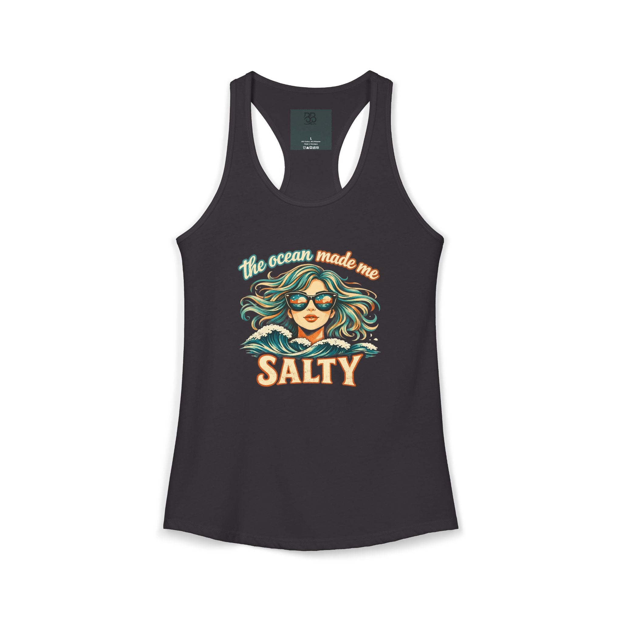 Women's Racerback Tank — "The Ocean Made Me Salty" Beach Graphic