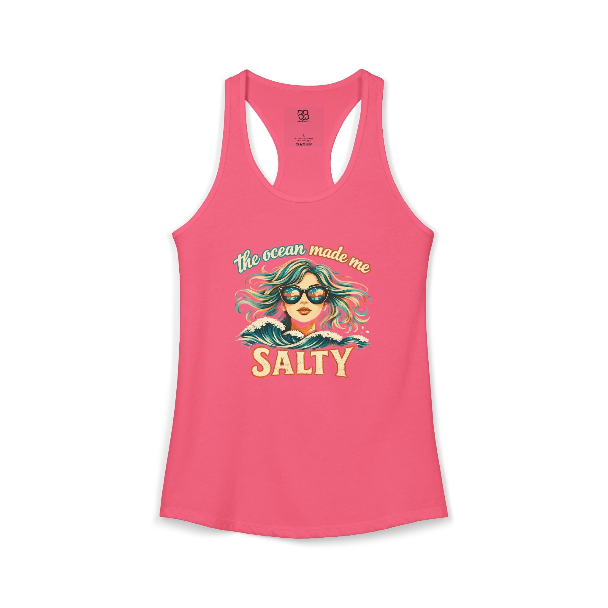 Women's Racerback Tank — "The Ocean Made Me Salty" Beach Graphic