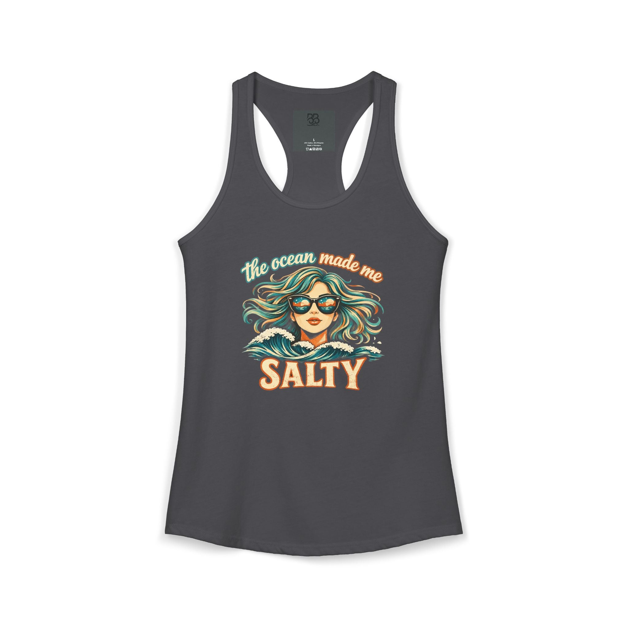 Women's Racerback Tank — "The Ocean Made Me Salty" Beach Graphic