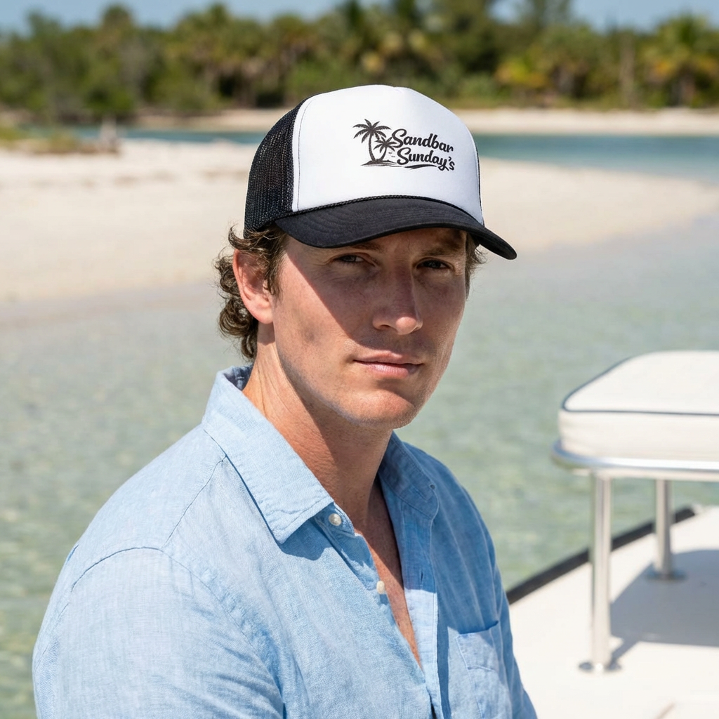 Sandbar Sundays Trucker Cap — Palm Tree Beach Hat