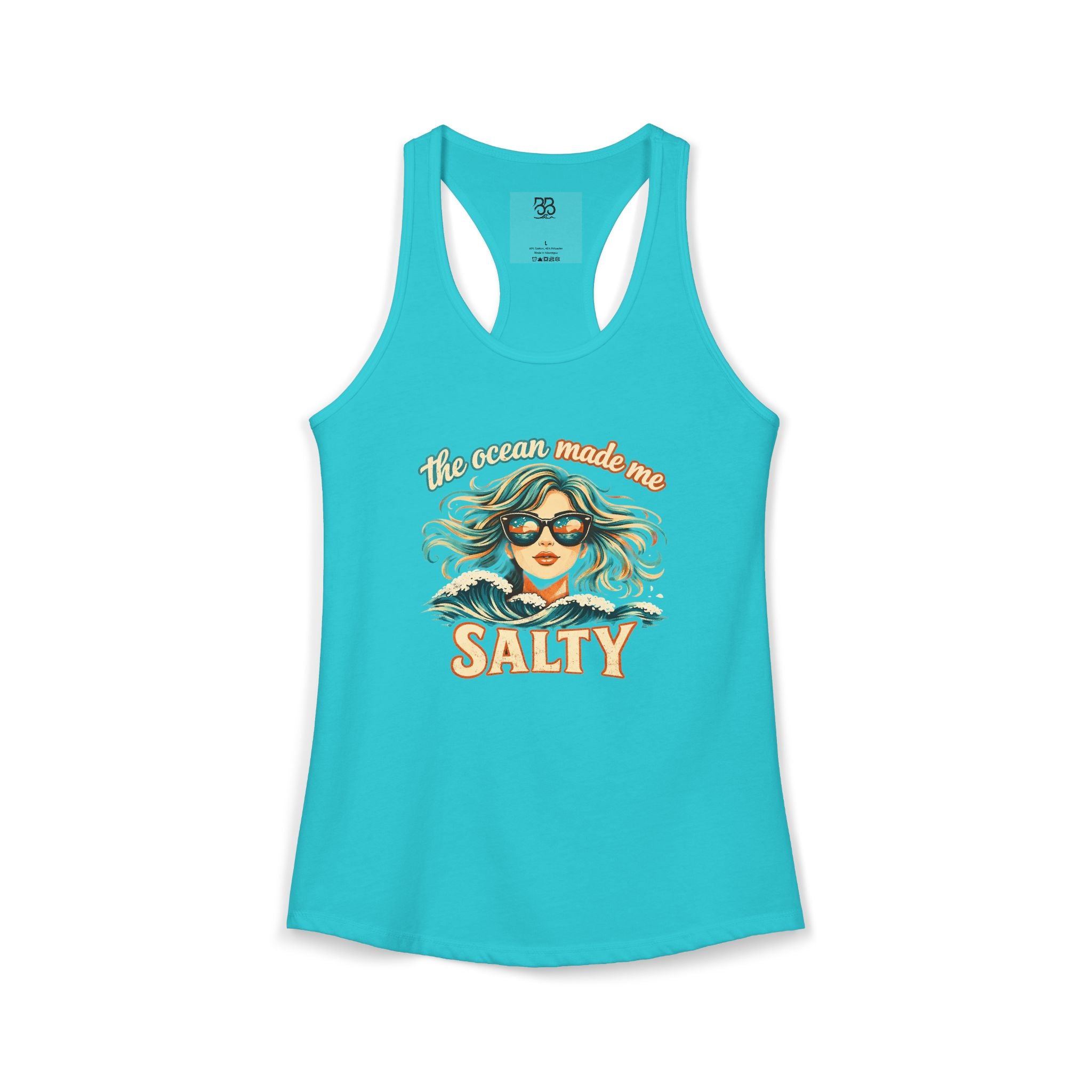 Women's Racerback Tank — "The Ocean Made Me Salty" Beach Graphic