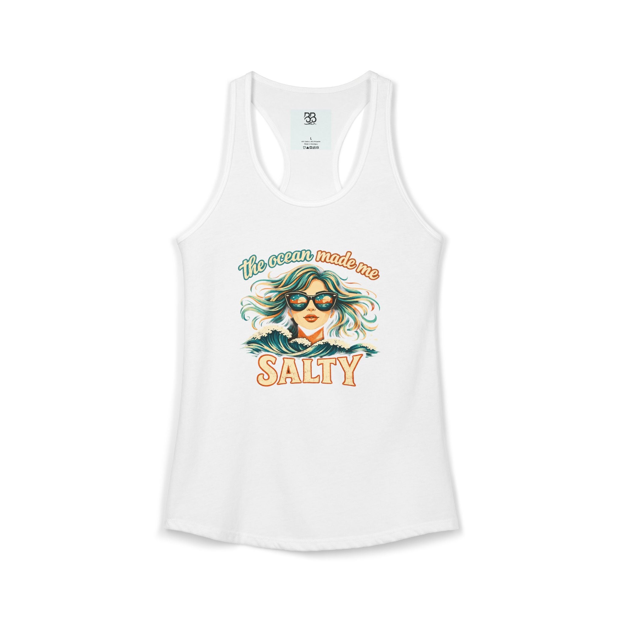 Women's Racerback Tank — "The Ocean Made Me Salty" Beach Graphic